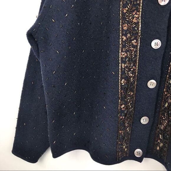DKNY Vintage Navy Blue 100% Wool Beaded Cardigan Sweater - Picture 5 of 15